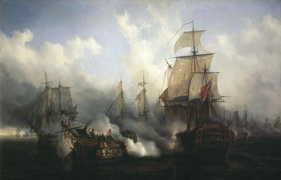 Pintura de Auguste Mayer en 1836 sobre la batalla de Trafalgar.